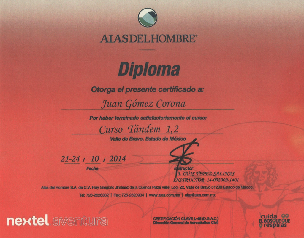 Diploma certificado por Alas del Hombre que autoriza Juan Gomez Corona a volar parapentes biplaza.