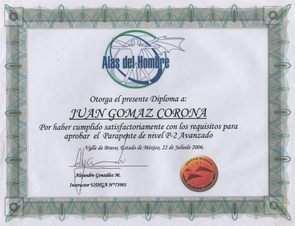Diploma certificado por Alsa del Hombre para el nivel de vuelo P2.
